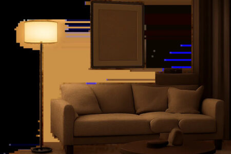 Une scène de salon contemporain montrant une lampe élégante diffusant une lumière chaude et apaisante. L’image illustre un éclairage confortable, adapté à la lecture, à la détente et aux soirées calmes.