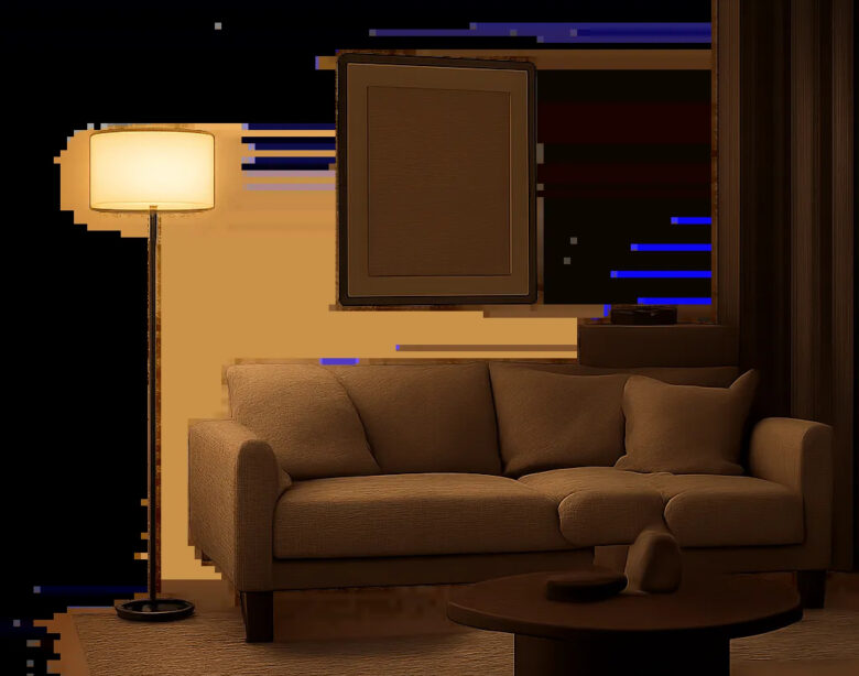 Une scène de salon contemporain montrant une lampe élégante diffusant une lumière chaude et apaisante. L’image illustre un éclairage confortable, adapté à la lecture, à la détente et aux soirées calmes.