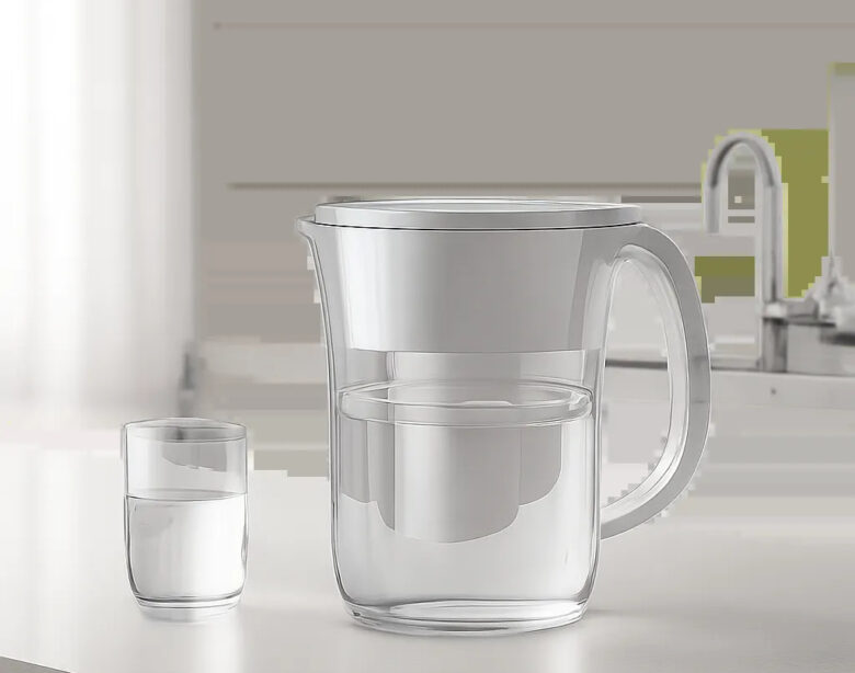 Illustration d’un filtre de carafe moderne dans une cuisine épurée, mettant en avant la simplicité de remplacement et le confort d’usage. L’ambiance est premium, lumineuse et orientée hydratation quotidienne.
