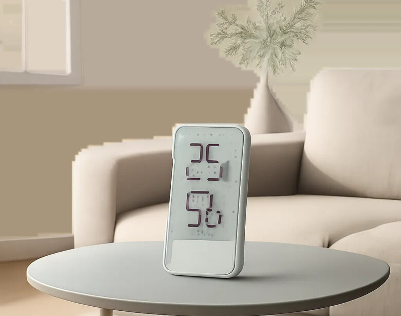 Un thermomètre d’intérieur élégant dans un décor contemporain, illustrant la mesure précise de la température ambiante. Une image pensée pour évoquer le confort, la maîtrise de l’air intérieur et la simplicité d’usage.