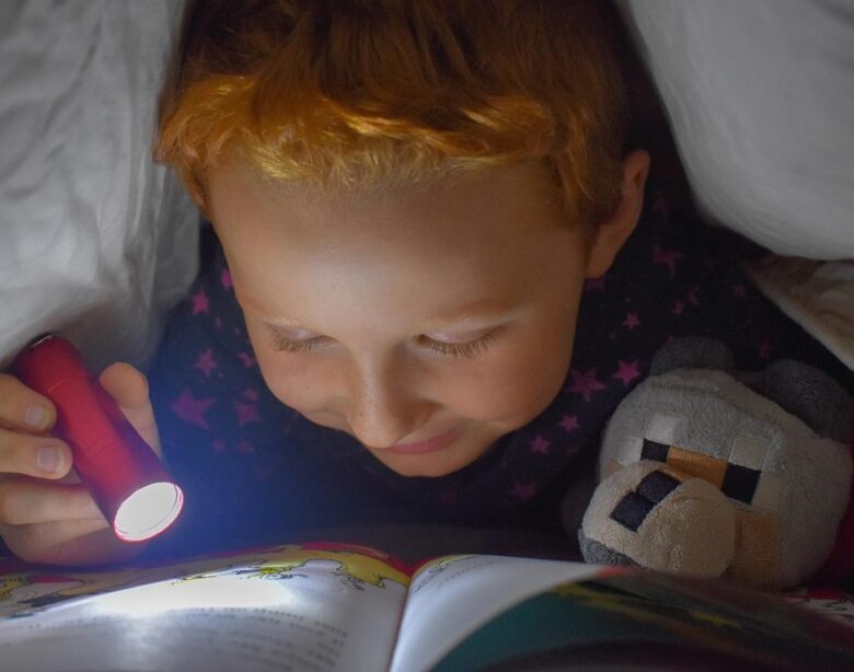 Enfant lit un livre avec une lampe torche dans son lit