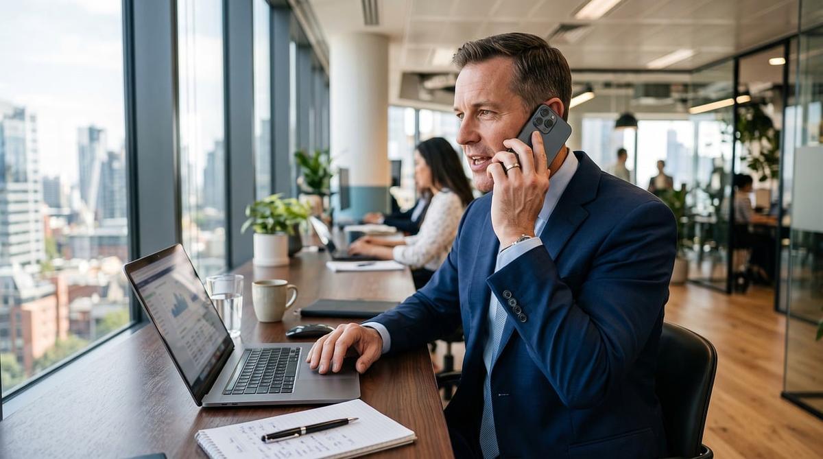 Un homme en costume parle au téléphone dans un bureau moderne Un homme en costume parle au téléphone dans un bureau moderne